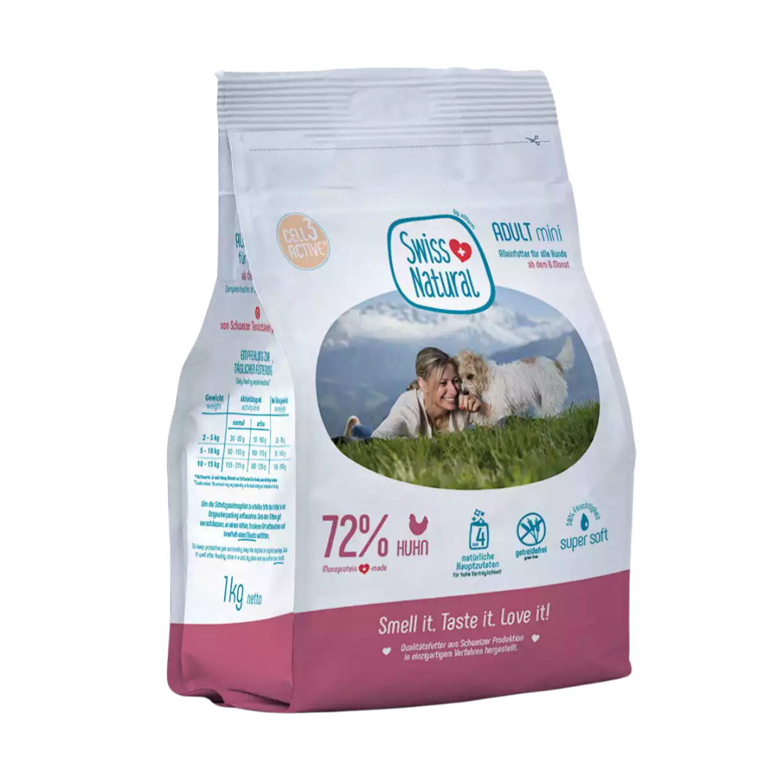 Swiss Natural Soft Adult Mini kana 1 kg koiran puolikostea täysravinto