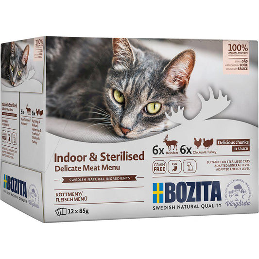 Bozita Indoor & Sterilized Poro & Kana-kalkkuna märkäruoka lajitelma 12 x 85 g